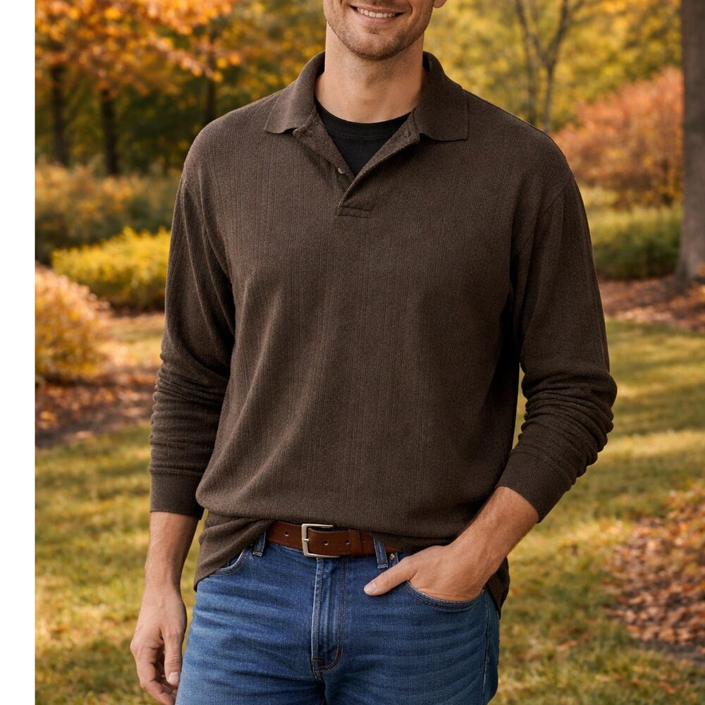 Haggar men's brown long sleeves polo shirt Large L/S  3/4 buttoned down pullover